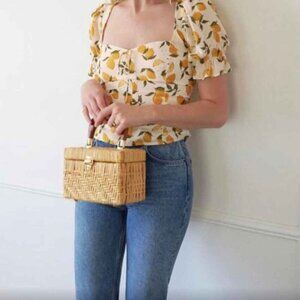 Reformation Women's Delevan Lemon Print Top Blouse Size 10 Country Cottagecore